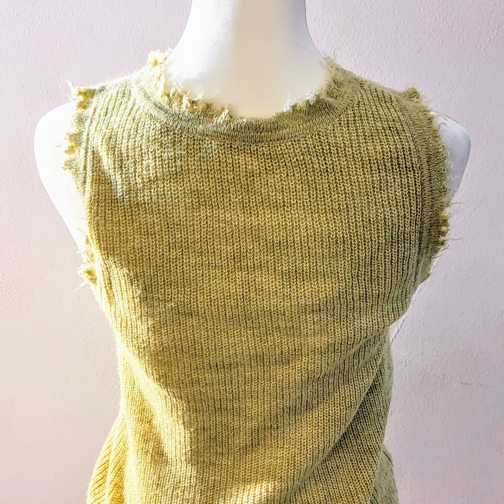 Distressed, Frayed Edge Puppy Sigh Greenish- Yellow Tank Top - Picture 6 of 9